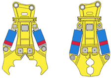 Diagram of demolition crushers in an open and closed position, suitable for use with Yanmar ViO series mini excavator.